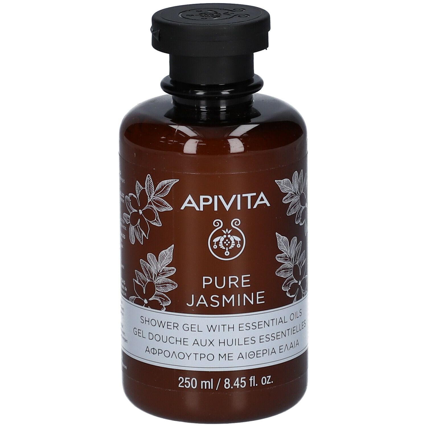 Flacon marron, bouchon noir. Inscription: APIVITA PURE JASMINE Gel douche. 250 ml.