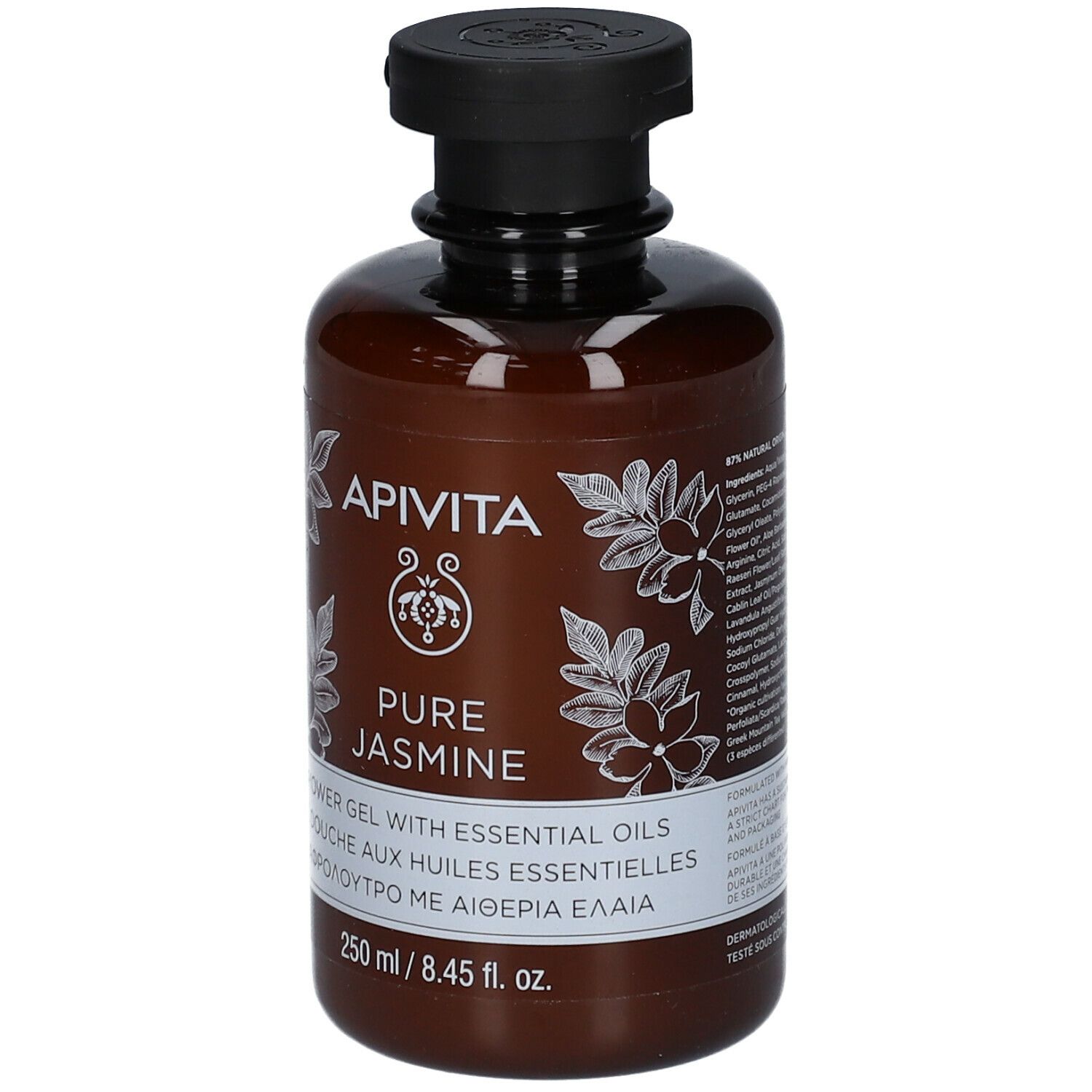 Flacon marron, bouchon noir. Inscription: APIVITA PURE JASMINE Gel douche. 250 ml.