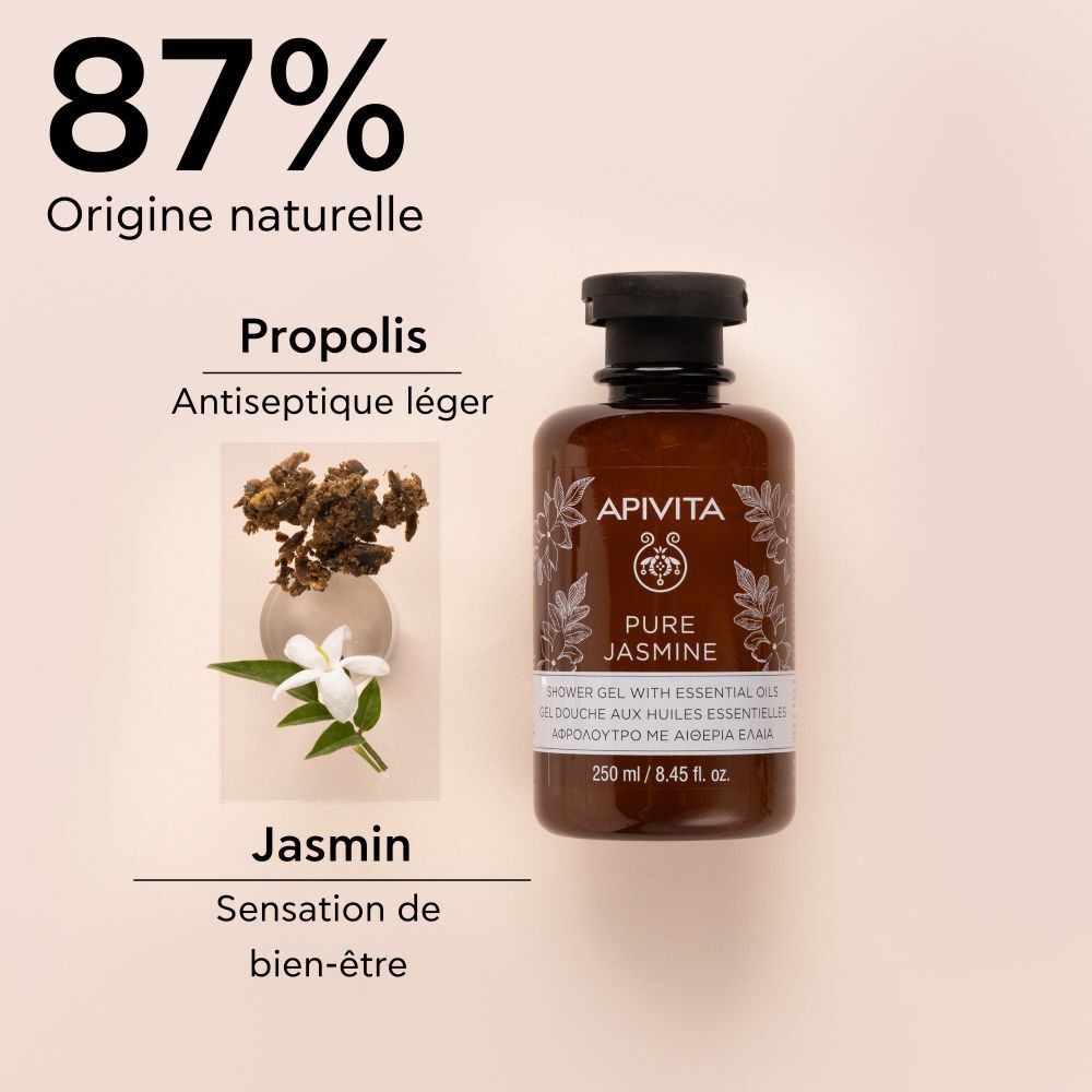 Image produit avec fleurs de jasmin et propolis. Texte: 87% Origine naturelle, Jasmin, Propolis.
