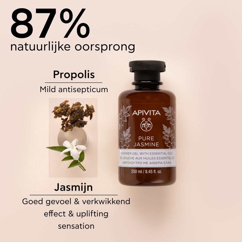 Productafbeelding met jasmijnbloemen en propolis. Tekst: 87% natuurlijke oorsprong, Jasmijn, Propolis.