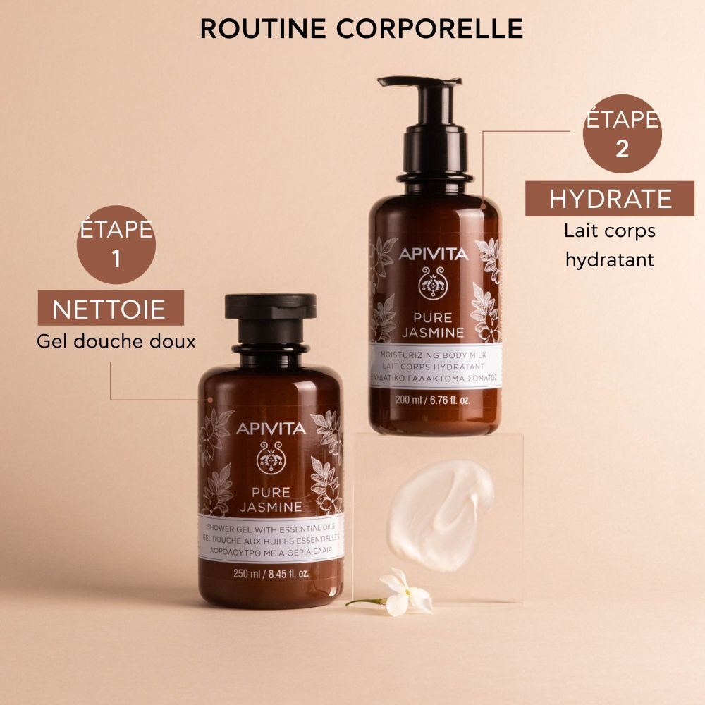 Deux produits: gel douche et lait corporel. Texte: Routine corporelle, Nettoie, Hydrate.