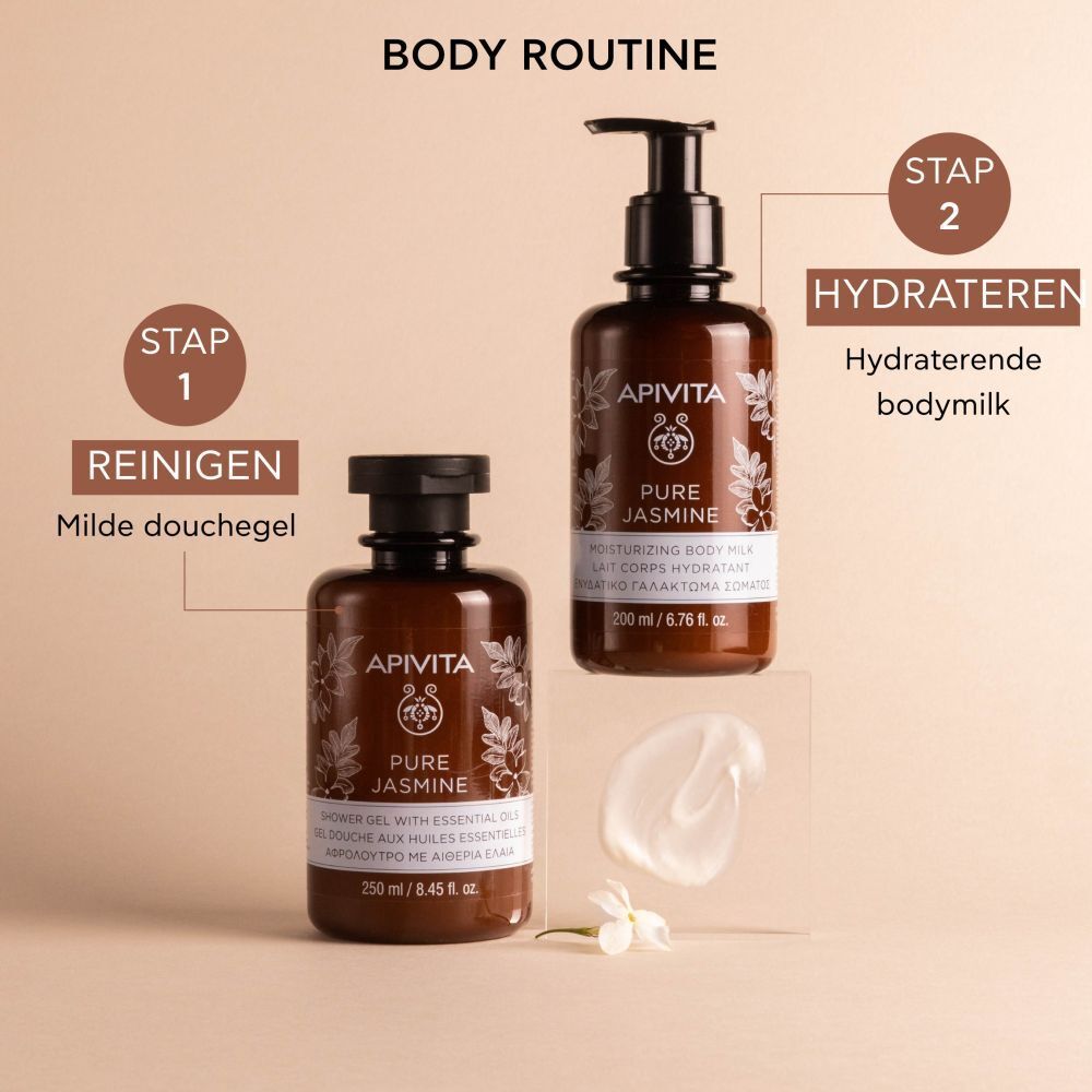 Twee producten: douchegel en bodylotion. Tekst: Body routine, Reinigen, Hydrateren.