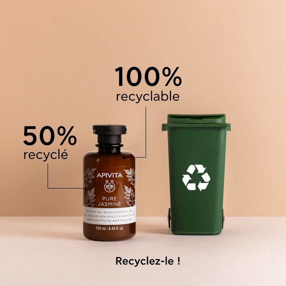 Flacon à côté d'une poubelle. Texte: 50% recyclé, 100% recyclable, Recyclez-le!