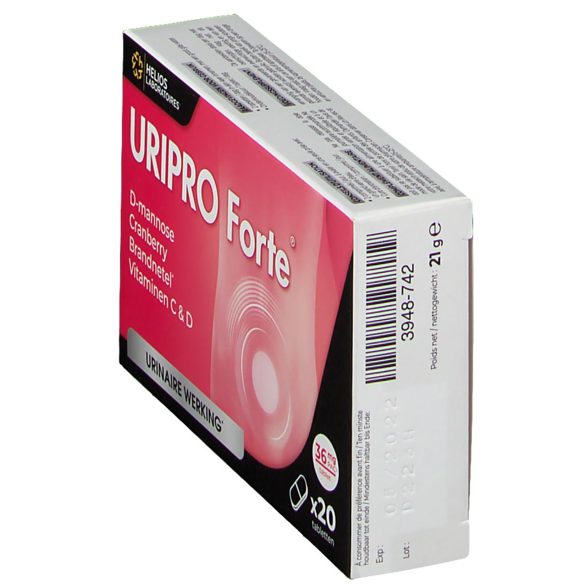 Vue en biais de la boîte URIPRO Forte. Rose et blanche, avec nom et ingrédients. Contient 20 comprimés.