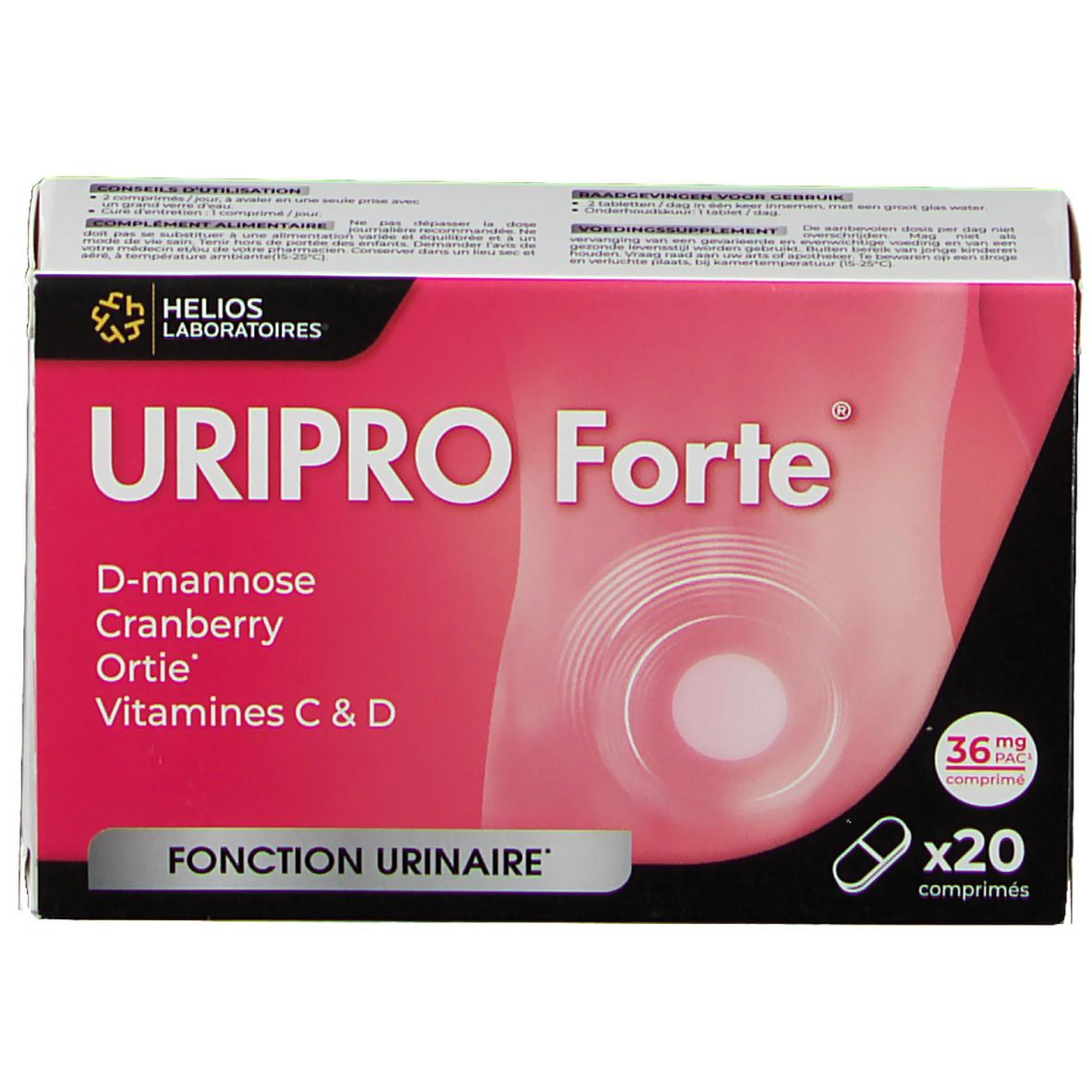 Boîte URIPRO Forte. Rose et blanche, avec nom et ingrédients. Contient 20 comprimés. FONCTION URINAIRE.