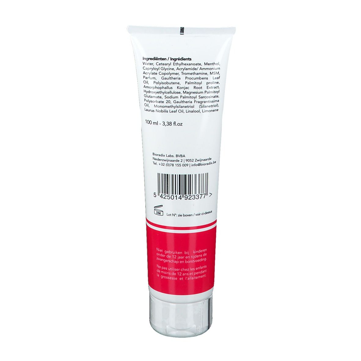 Tube blanc avec ingrédients et bande rouge. Ingrédients, 100 ml, 3,38 fl.oz. Informations fabricant et code-barres visibles.