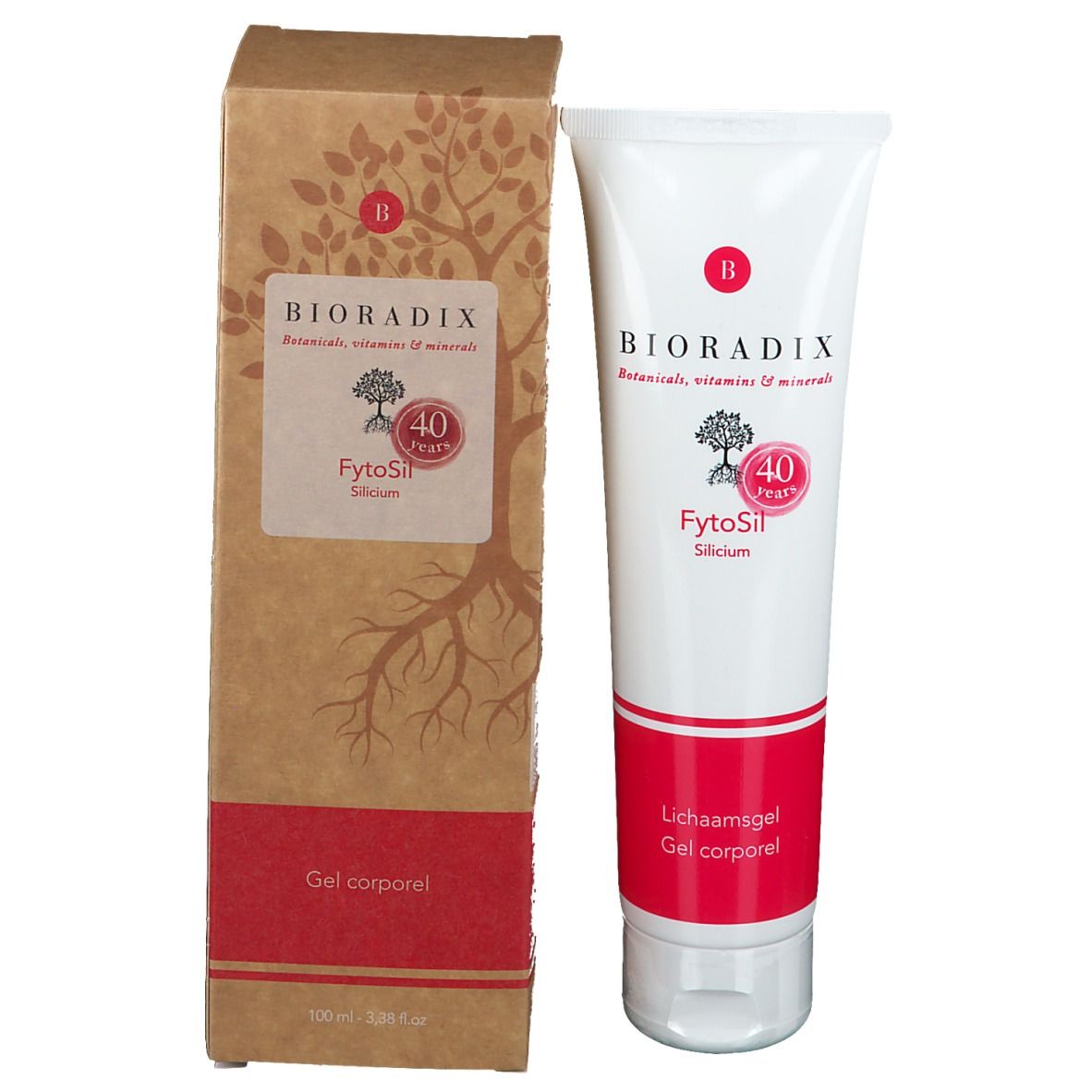 Produit et emballage. Tube et boîte avec logo, nom du produit, 40 ans. Texte: Fytosil Silicium, Gel corporel.