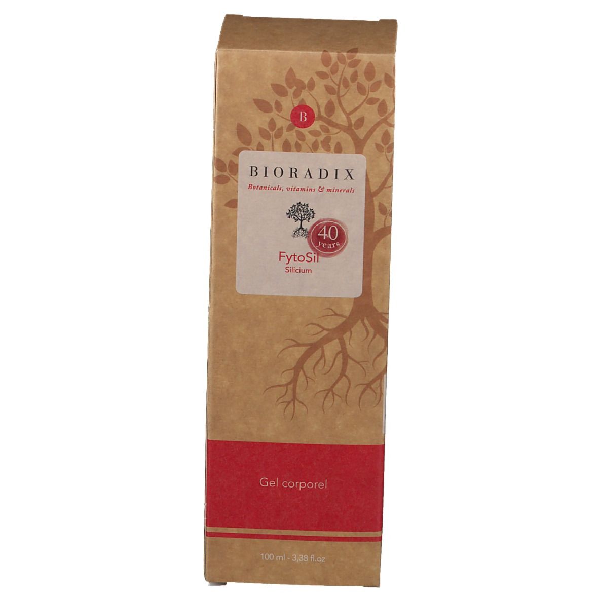 Emballage en carton avec logo, nom du produit et 40 ans. Texte: Fytosil Silicium, Gel corporel. Emballage marron.