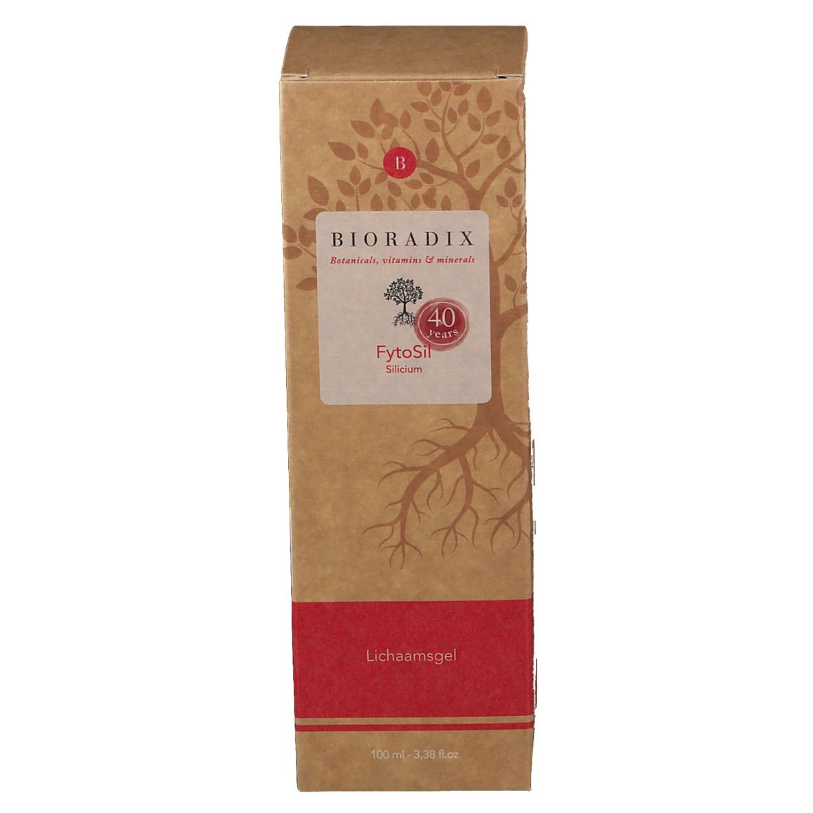 Emballage en carton avec logo, nom du produit et 40 ans. Texte: Lichaamsgel. Emballage marron.