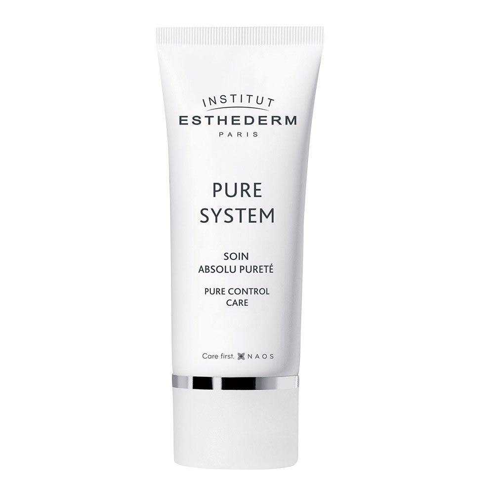 Witte tube met INSTITUT ESTHEDERM PARIS, PURE SYSTEM. Zilveren ring onderaan.
