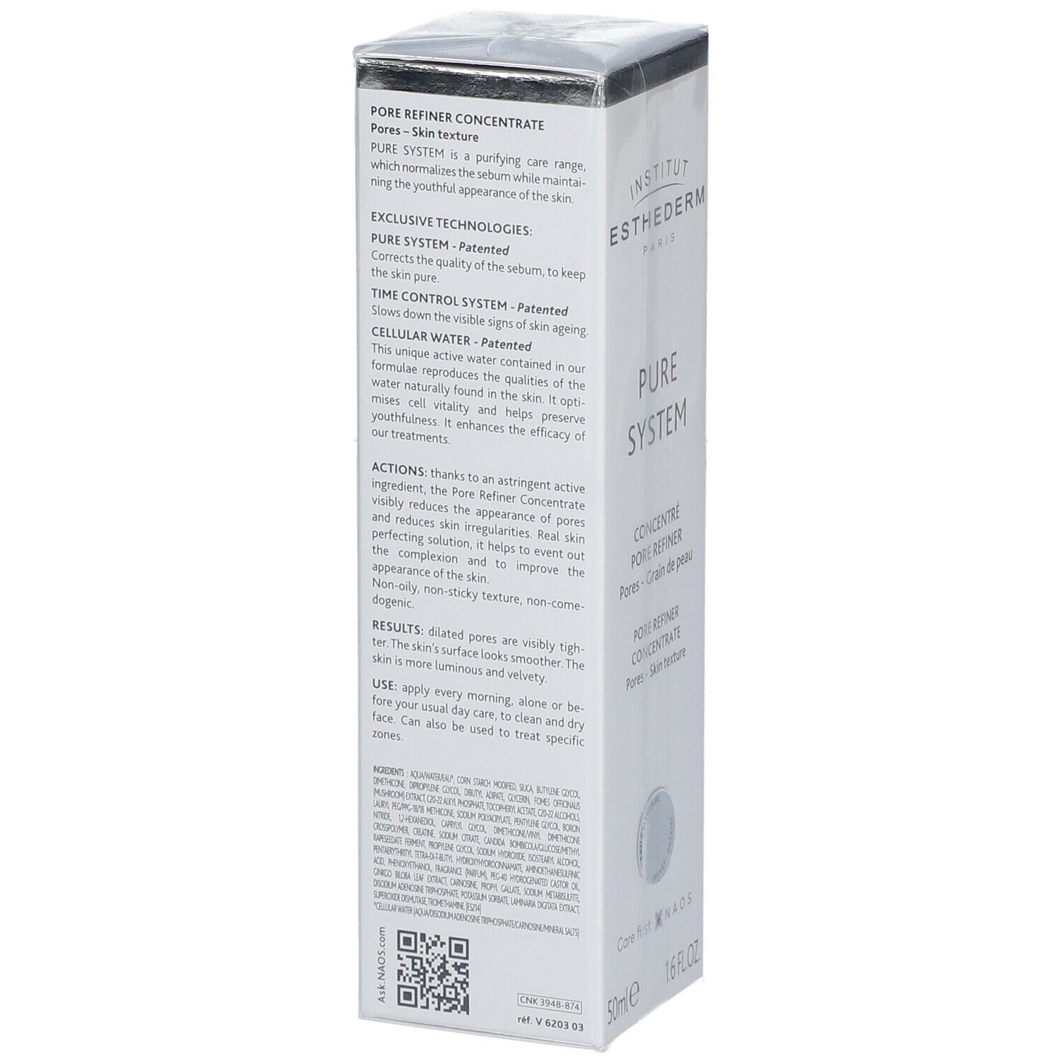 Rückseite der weißen INSTITUT ESTHEDERM Pure System-Verpackung. Text in mehreren Sprachen. QR-Code und 50ml, 1.6 FL.OZ.