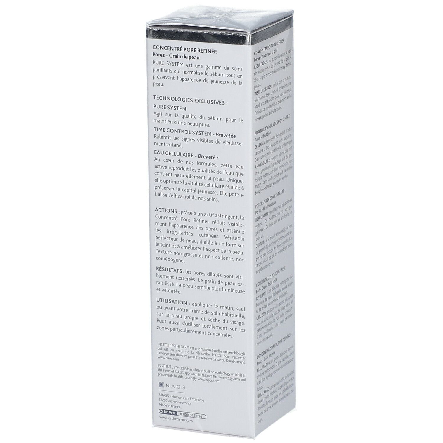 Seite der weißen INSTITUT ESTHEDERM Pure System-Verpackung. Text in französischer Sprache. 50ml, 1.6 FL.OZ.