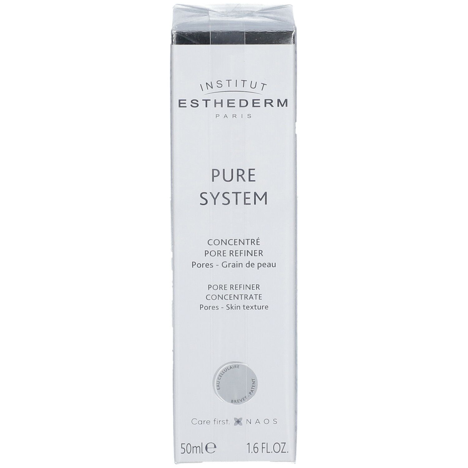 Weiße INSTITUT ESTHEDERM Pure System-Verpackung. Text: Pure System, 50ml, 1.6 FL.OZ. NAOS-Logo.
