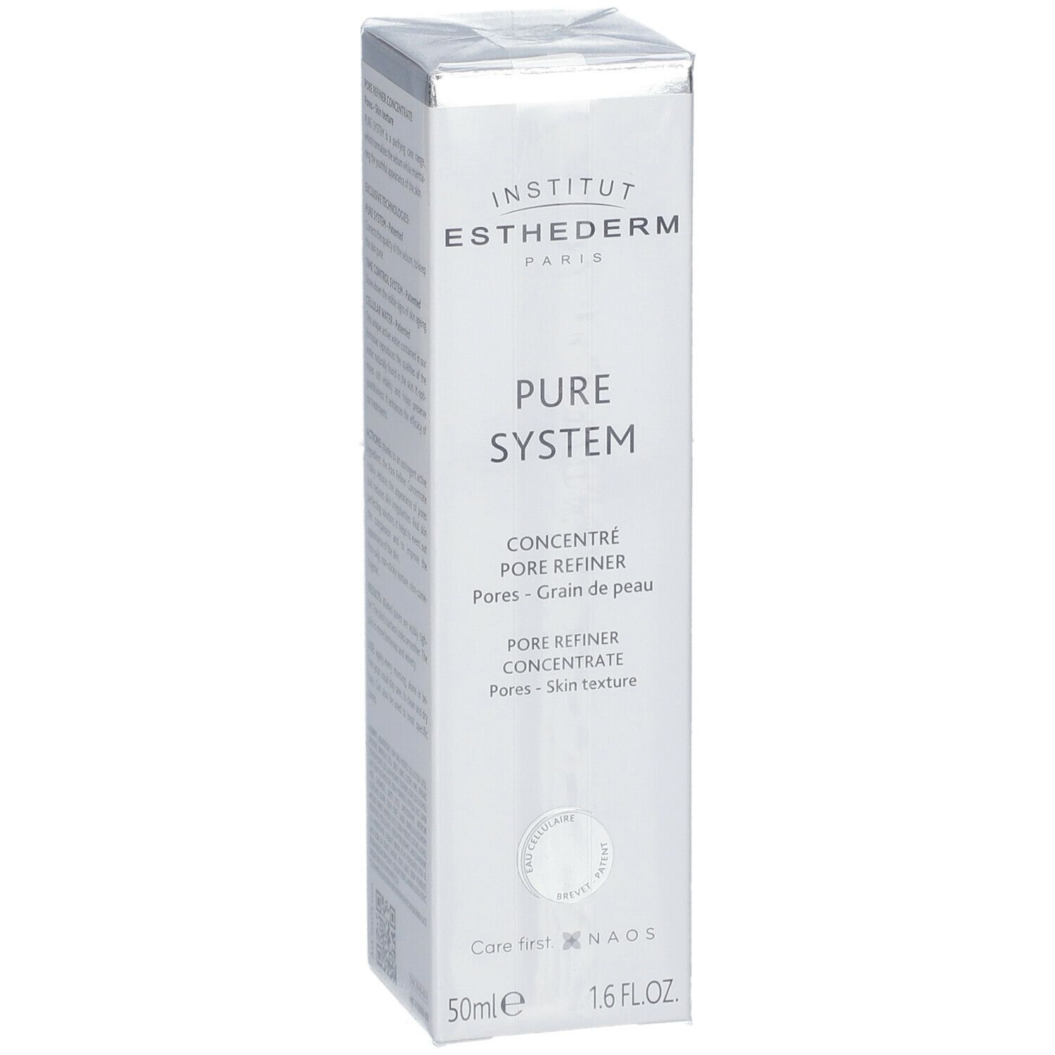 Weiße INSTITUT ESTHEDERM Pure System-Verpackung. Text: Pure System, 50ml, 1.6 FL.OZ. NAOS-Logo.