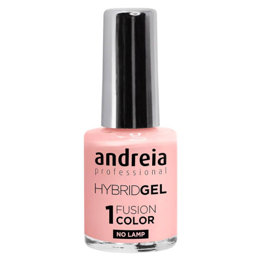 Flacon de vernis à ongles rose avec bouchon argenté. Inscription : andreia professional HYBRIDGEL 1 FUSION COLOR NO LAMP.