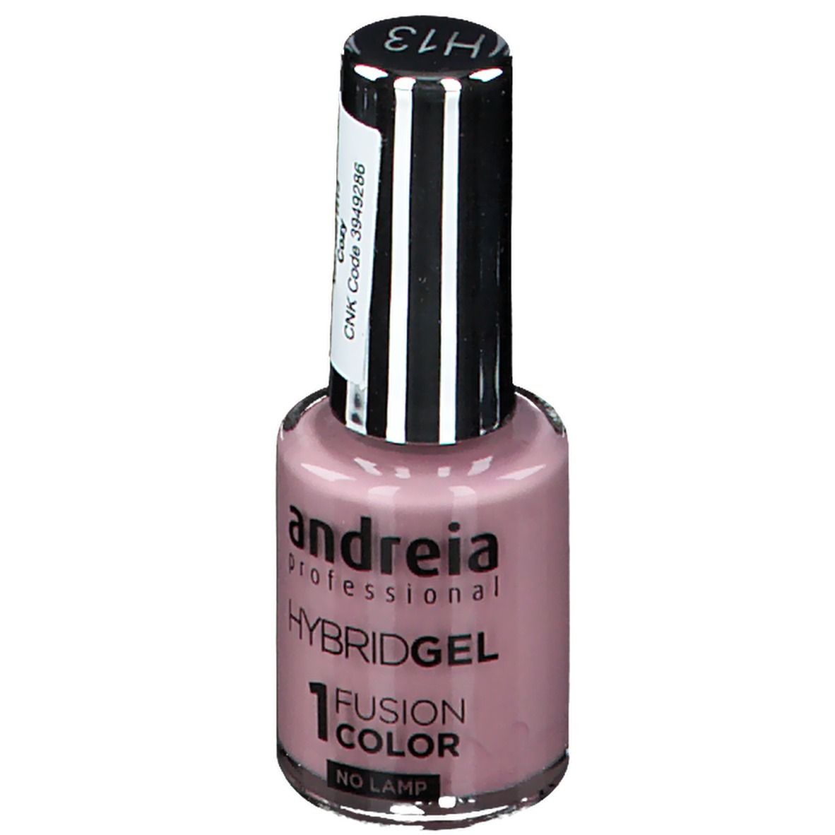 Flacon de vernis à ongles rose. Autocollant avec texte : H13, CNK Code 3949286, Cozy. Marque : Andreia Professional.