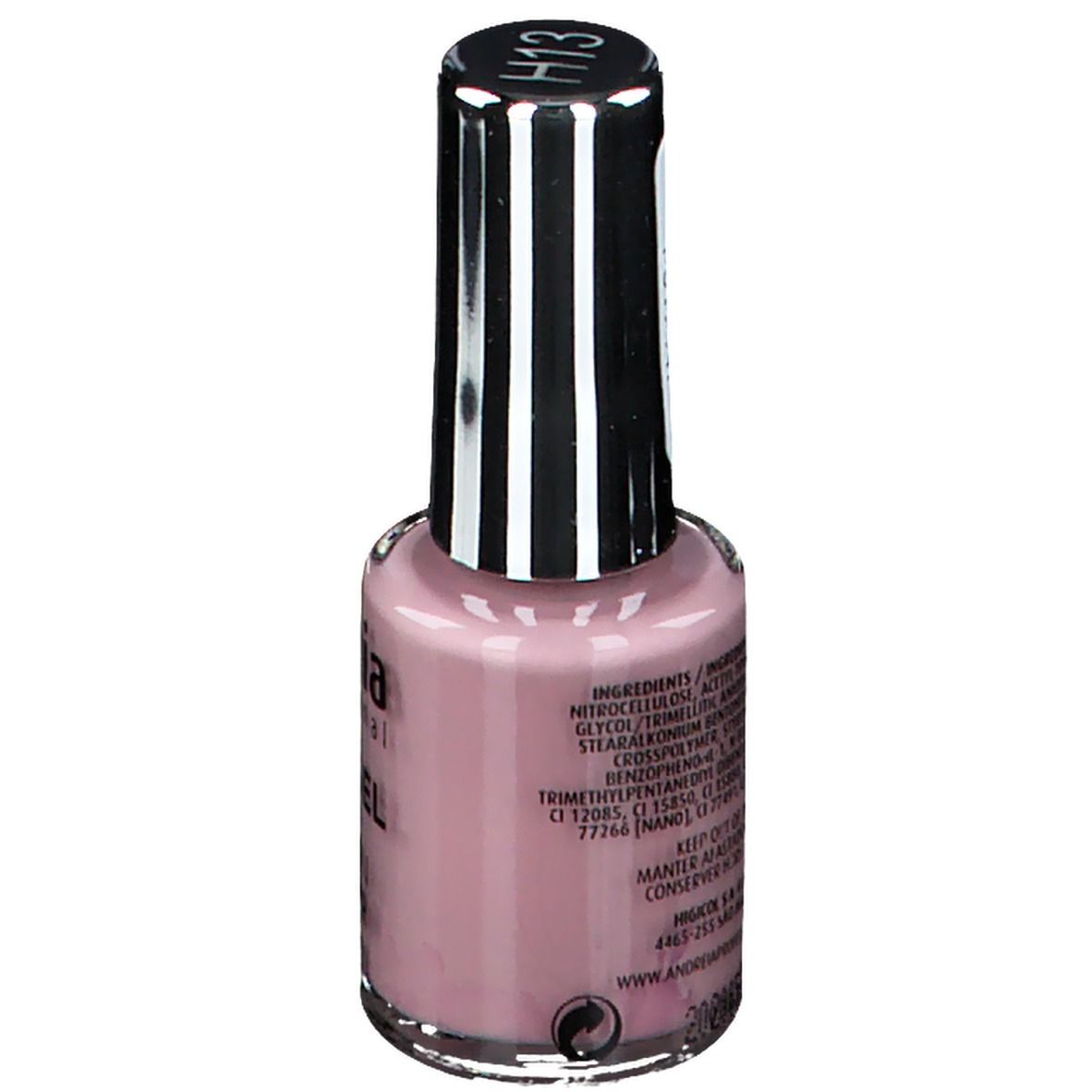 Flacon de vernis à ongles rose. Dos avec texte : Ingrédients, Keep out of the reach of children. Marque : Andreia Professional.
