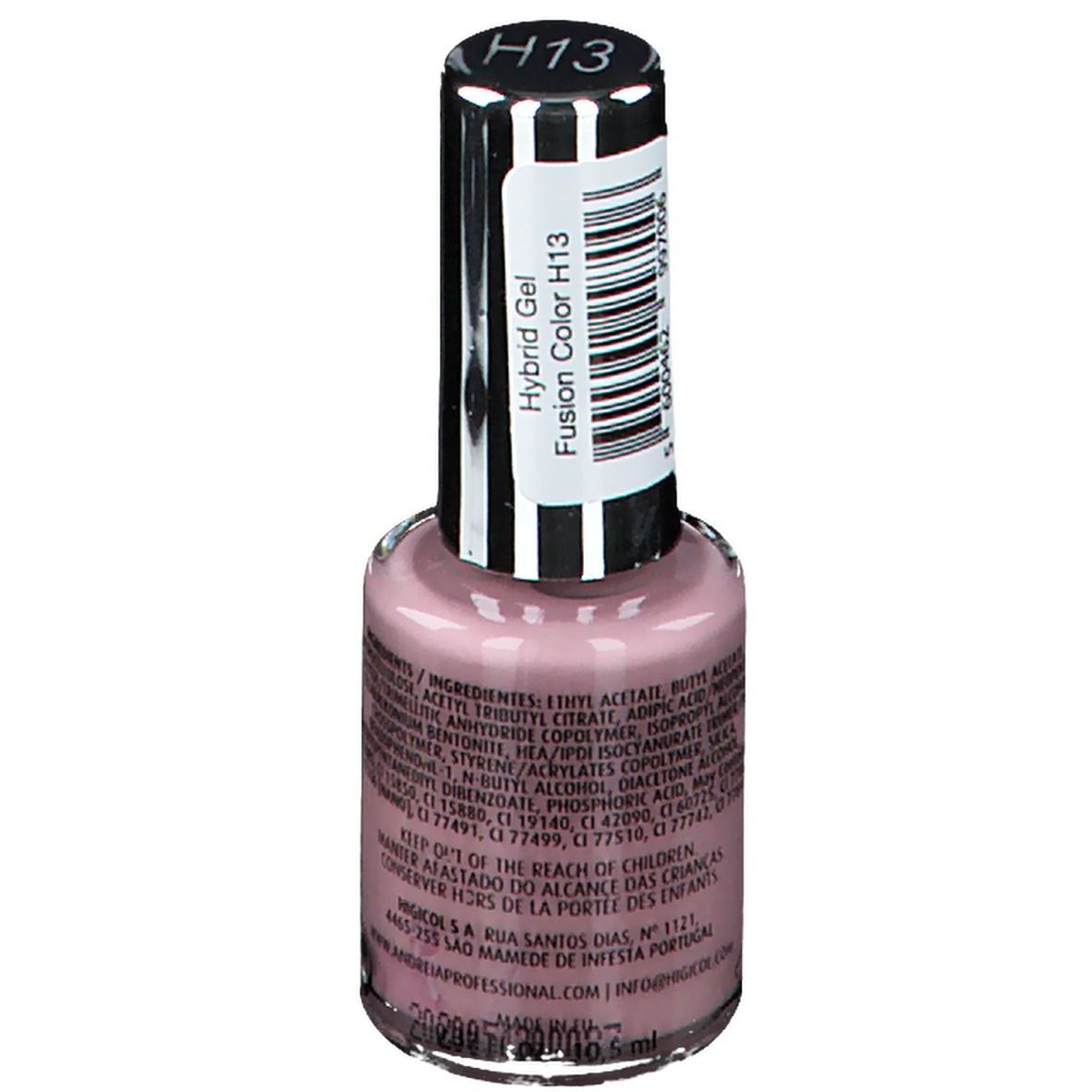 Flacon de vernis à ongles rose. Dos avec texte : Ingrédients, Keep out of the reach of children. Marque : Andreia Professional.