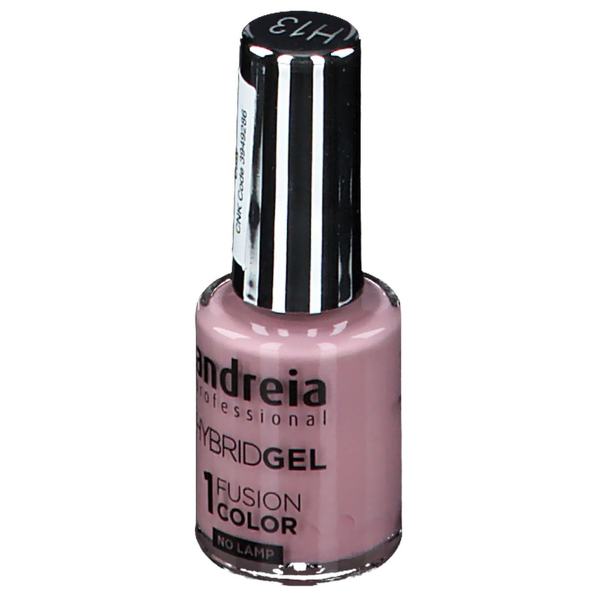 Flacon de vernis à ongles rose. Autocollant avec texte : H13, Hybrid Gel, Fusion Color H13. Marque : Andreia Professional.