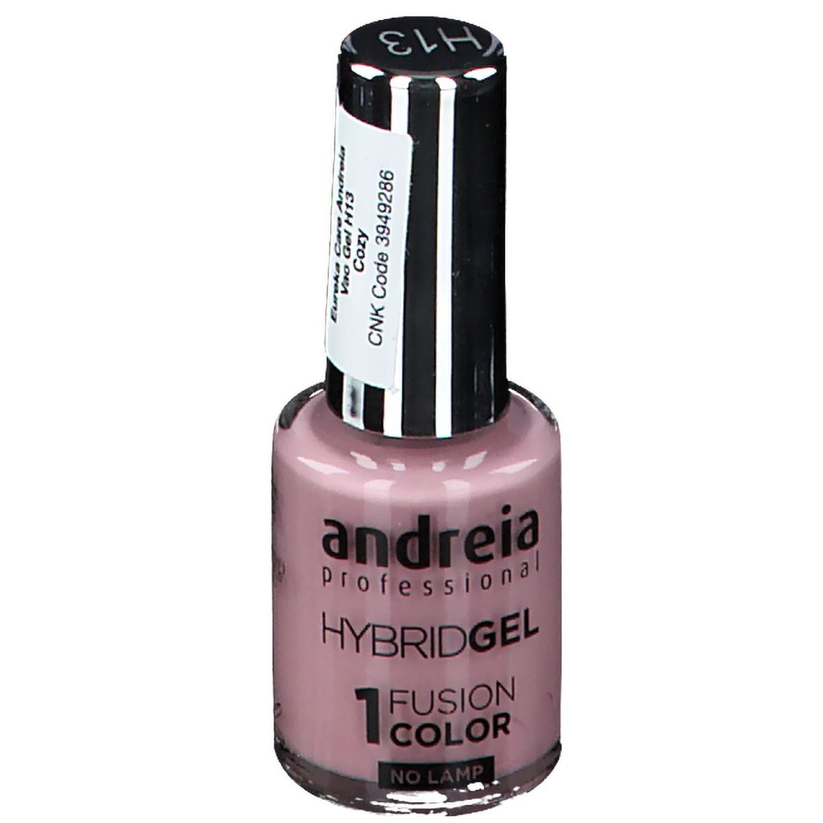 Flacon de vernis à ongles rose. Autocollant avec texte : Eureka Care Andreia, H13 Cozy, CNK Code 3949286. Marque : Andreia Professional.
