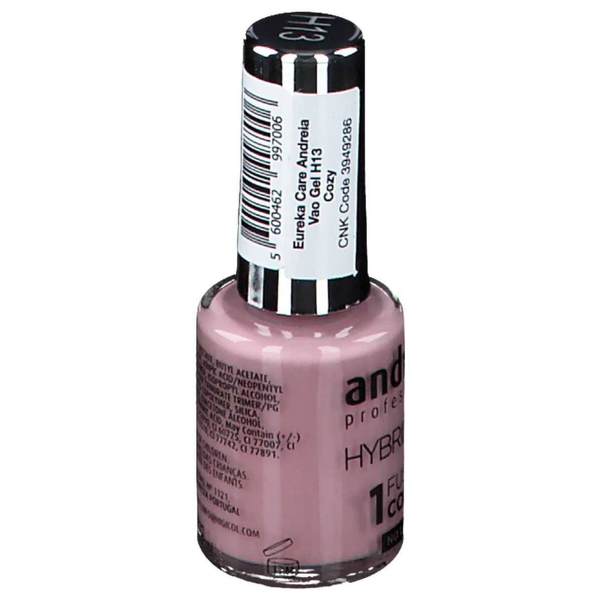 Flacon de vernis à ongles rose. Autocollant avec texte : Eureka Care Andreia, Vao Gel H13 Cozy, CNK Code 3949286. Marque : Andreia Professional.