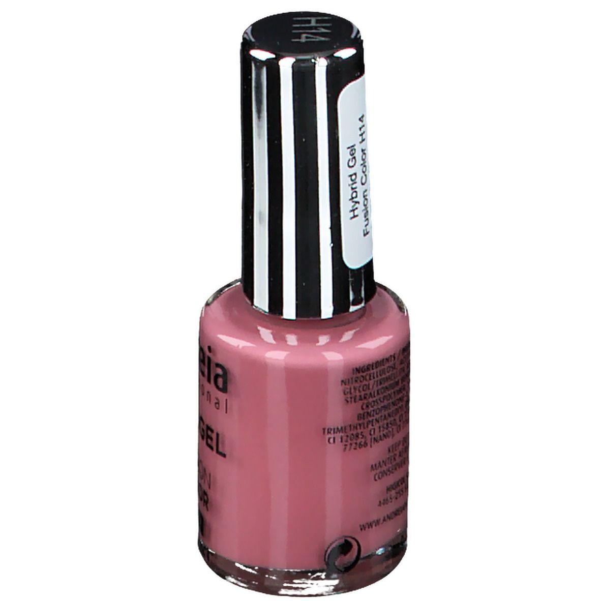 Flacon de vernis à ongles, contenu rose. Dos avec étiquette. Inscription : Hybrid Gel Fusion Color H14. Ingrédients.