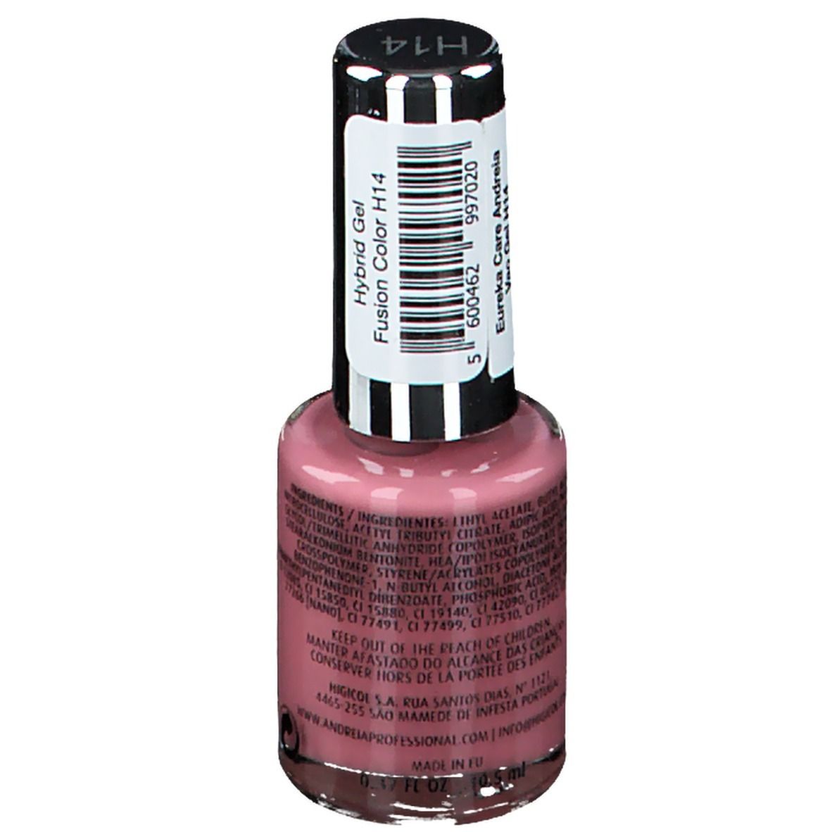 Flacon de vernis à ongles, contenu rose. Dos avec étiquette. Inscription : Hybrid Gel Fusion Color H14. Ingrédients et code-barres.