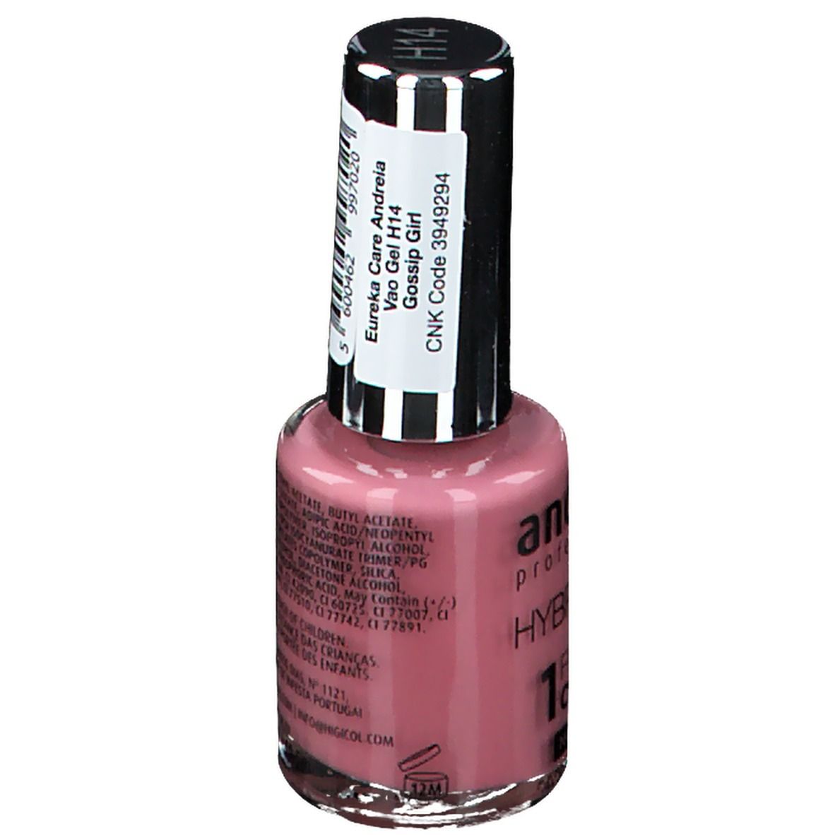 Flacon de vernis à ongles, contenu rose. Étiquette avec code CNK 3949294. Inscription : Eureka Care Andreia Vino Gel H14 Gossip Girl.