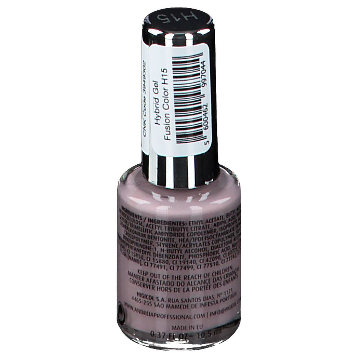 Flacon de vernis à ongles rose. Dos avec ingrédients et informations produit. Marque Andreia.