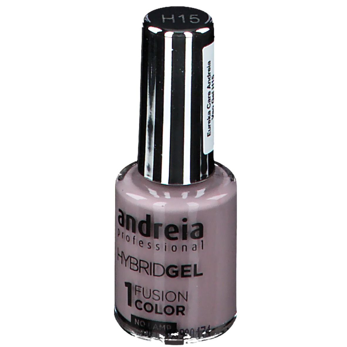 Flacon de vernis à ongles rose. Étiquette avec informations produit. Marque Andreia, Hybrid Gel H15 Muze.