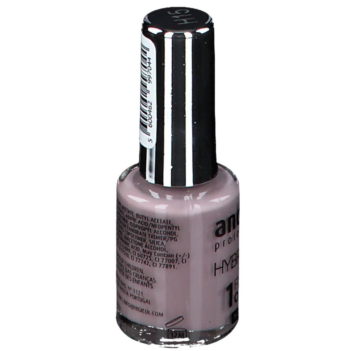 Flacon de vernis à ongles rose. Dos avec ingrédients et informations produit. Marque Andreia.