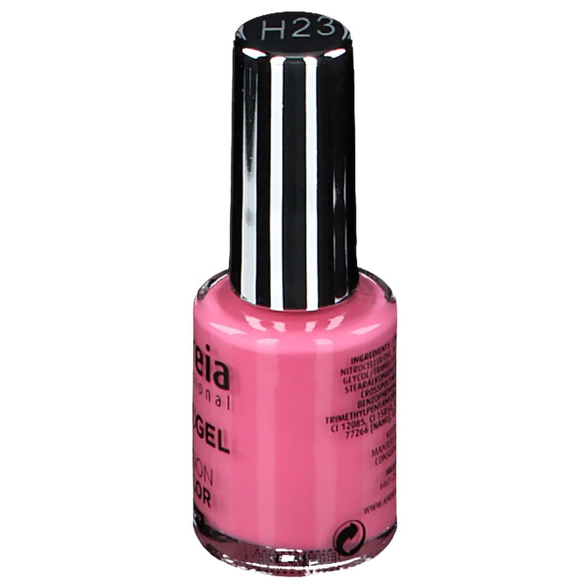 Flacon de vernis à ongles hybride rose. Bouchon noir. Marque : Andreia Professional. Inscription : Hybridgel, Fusion Color. Ingrédients au dos.