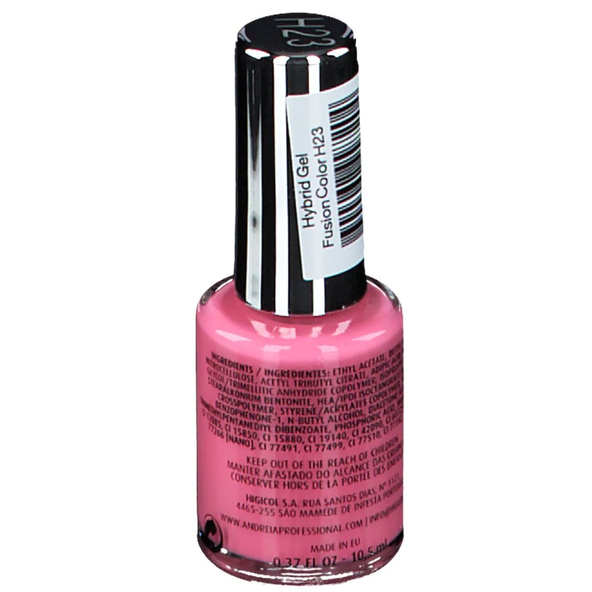 Flacon de vernis à ongles hybride rose. Bouchon noir avec étiquette. Marque : Andreia Professional. Inscription : Hybridgel, Fusion Color. Ingrédients au dos.