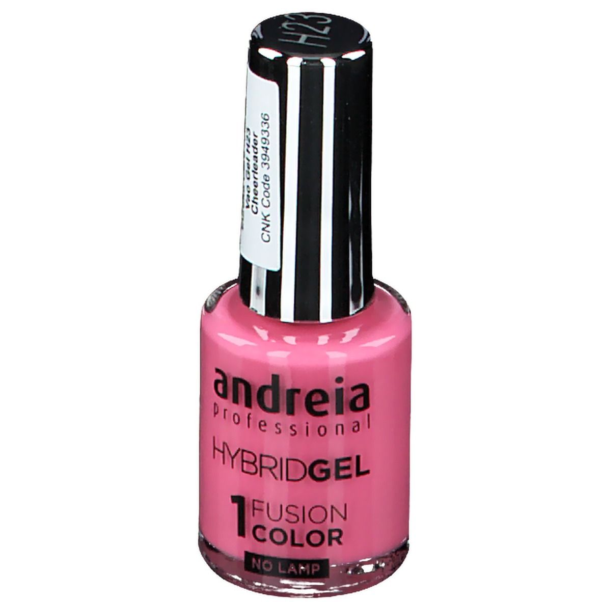 Flacon de vernis à ongles hybride rose. Bouchon noir avec étiquette blanche. Marque : Andreia Professional. Couleur : H23 Cheerleader. Inscription : Fusion Color.