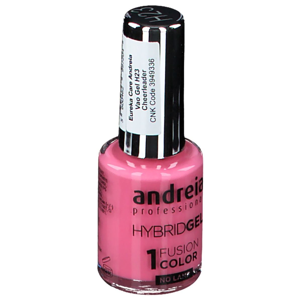 Flacon de vernis à ongles hybride rose. Bouchon noir avec étiquette blanche. Marque : Andreia Professional. Couleur : H23 Cheerleader. Inscription : Fusion Color.