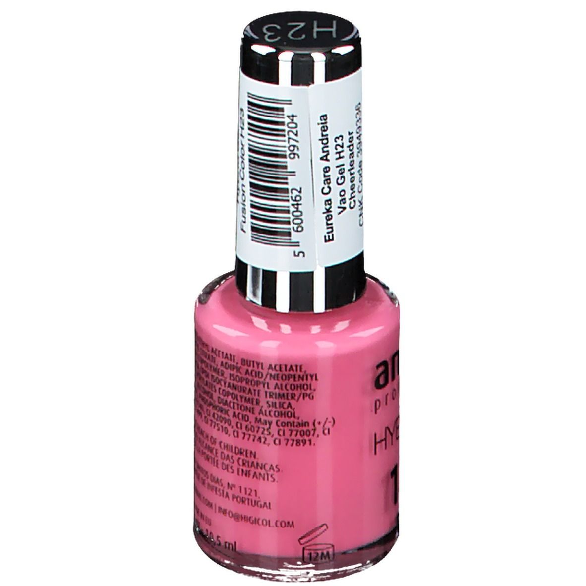 Flacon de vernis à ongles hybride rose. Bouchon noir avec étiquette. Marque : Andreia Professional. Inscription : Hybridgel, Fusion Color. Ingrédients au dos.