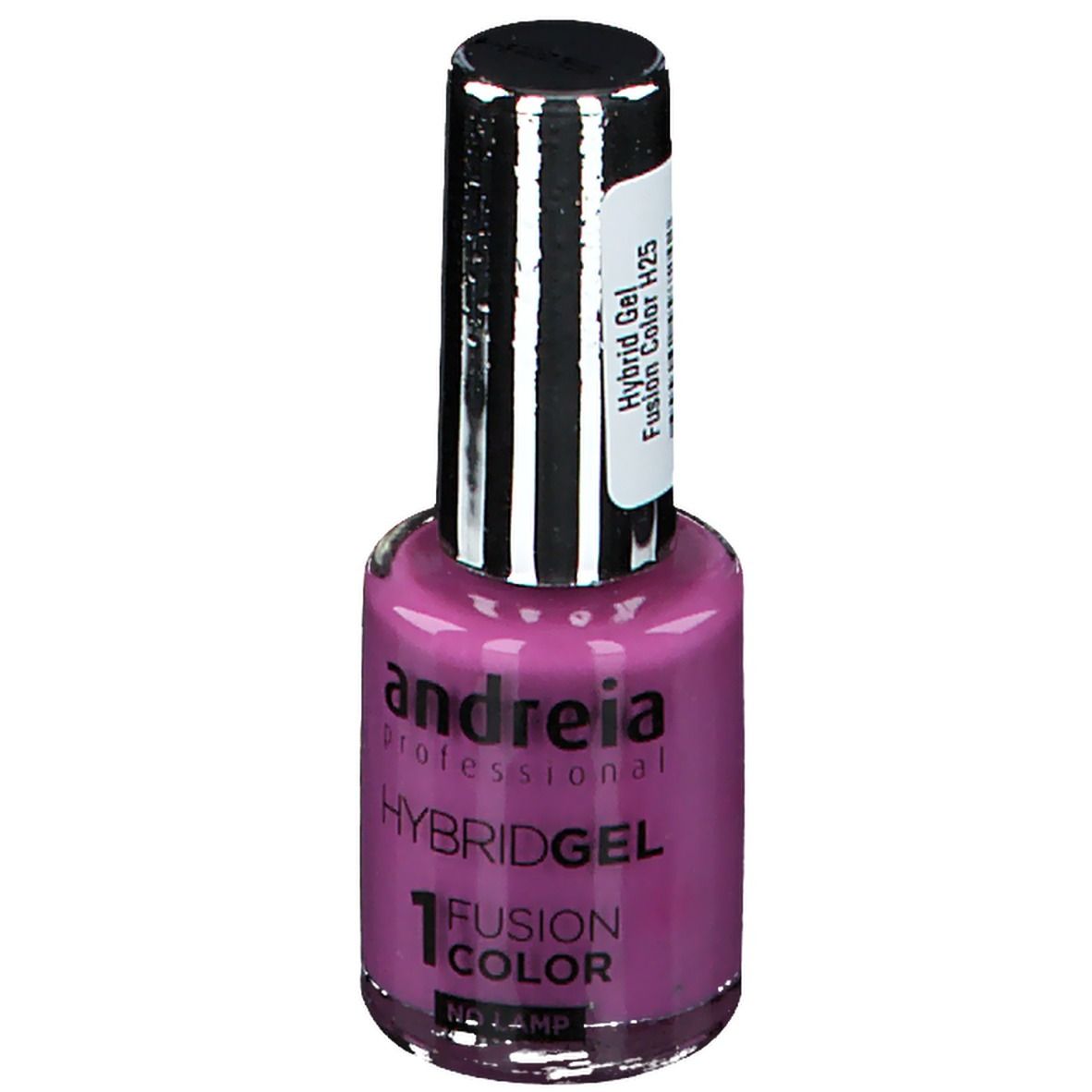 Flasche Andreia Hybrid Gel, Farbe H25 Showgirl. Lila Nagellack mit schwarzem Deckel. Produktetikett sichtbar.