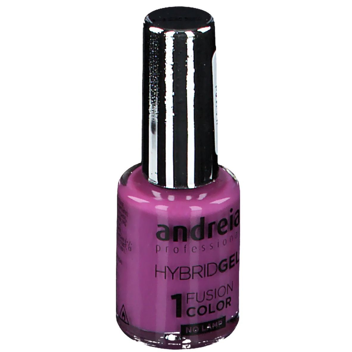 Flasche Andreia Hybrid Gel, Farbe H25 Showgirl. Lila Nagellack mit schwarzem Deckel. Produktetikett sichtbar.
