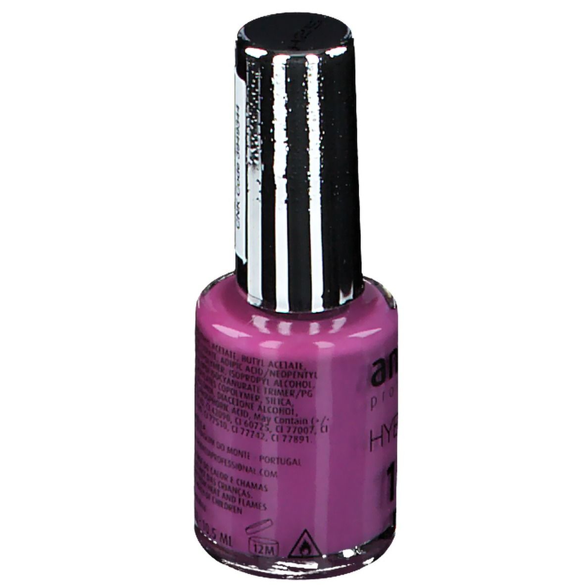 Rückansicht der Nagellackflasche Andreia Hybrid Gel H25 Showgirl. Etikett mit Inhaltsstoffen und Produktinformationen.