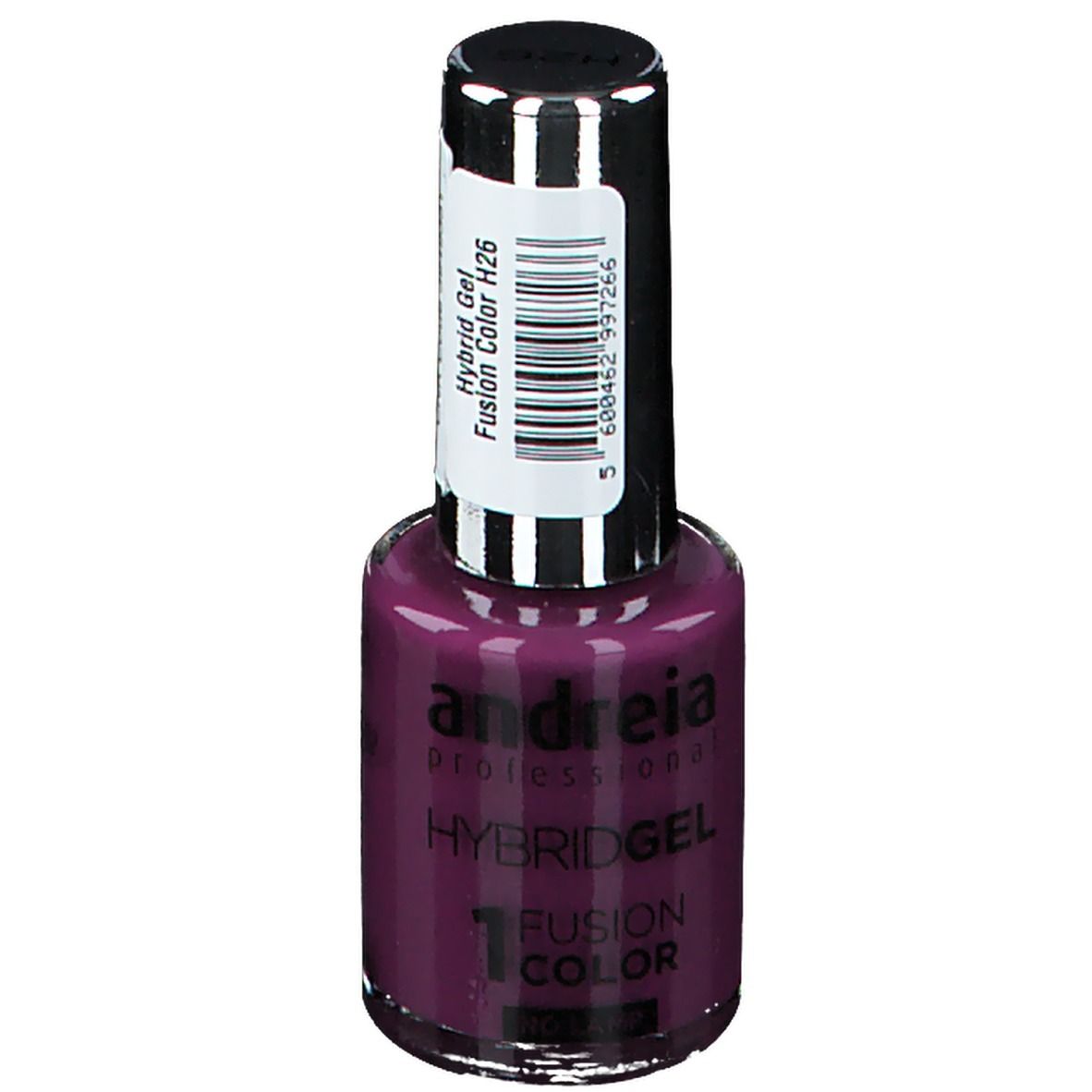 Vernis à ongles Andreia Hybrid Gel, Sucette Mauve, flacon. Couleur H26. Bouchon noir avec étiquette. Inscription: Hybrid Gel, Fusion Color H26.