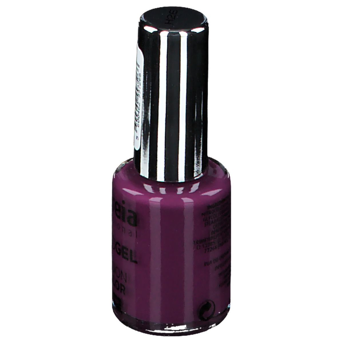 Vernis à ongles Andreia Hybrid Gel, Sucette Mauve, flacon. Couleur H26. Bouchon noir avec étiquette. Inscription: Hybrid Gel, Fusion Color H26.