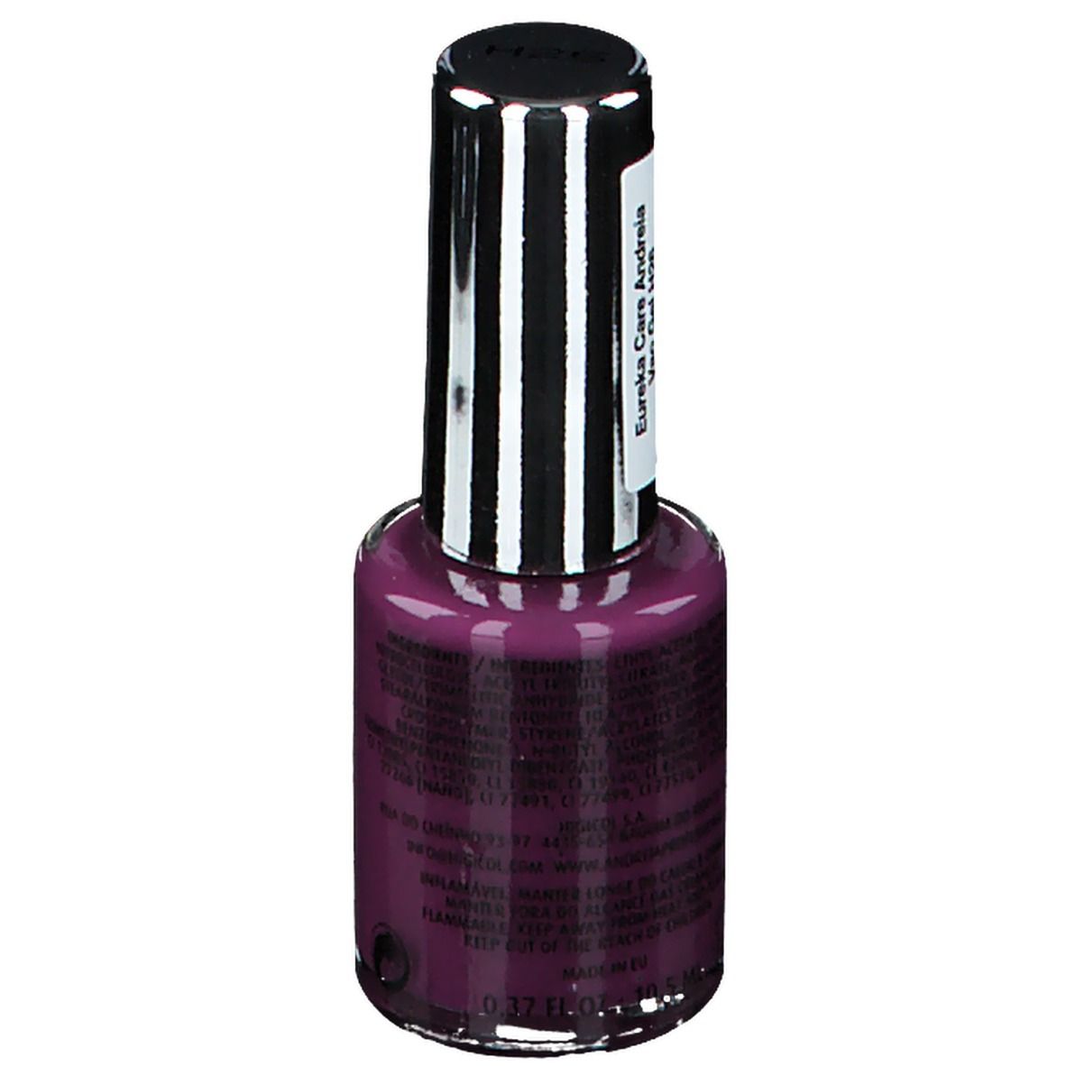 Vernis à ongles Andreia Hybrid Gel, Sucette Mauve, flacon. Couleur H26. Bouchon noir avec étiquette. Inscription: Hybrid Gel, Fusion Color H26.