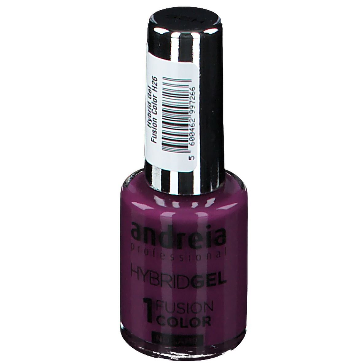 Vernis à ongles Andreia Hybrid Gel, Sucette Mauve, flacon. Couleur H26. Bouchon noir avec étiquette. Inscription: Hybrid Gel, Fusion Color H26.
