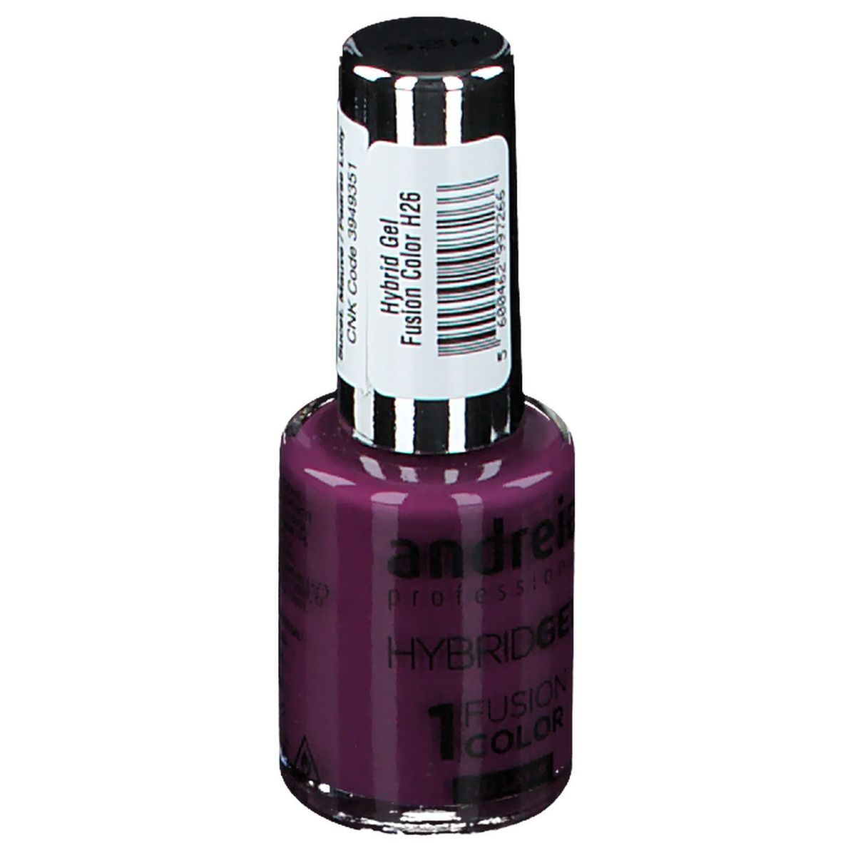 Vernis à ongles Andreia Hybrid Gel, Sucette Mauve, flacon. Couleur H26. Bouchon noir avec étiquette. Inscription: Hybrid Gel, Fusion Color H26.