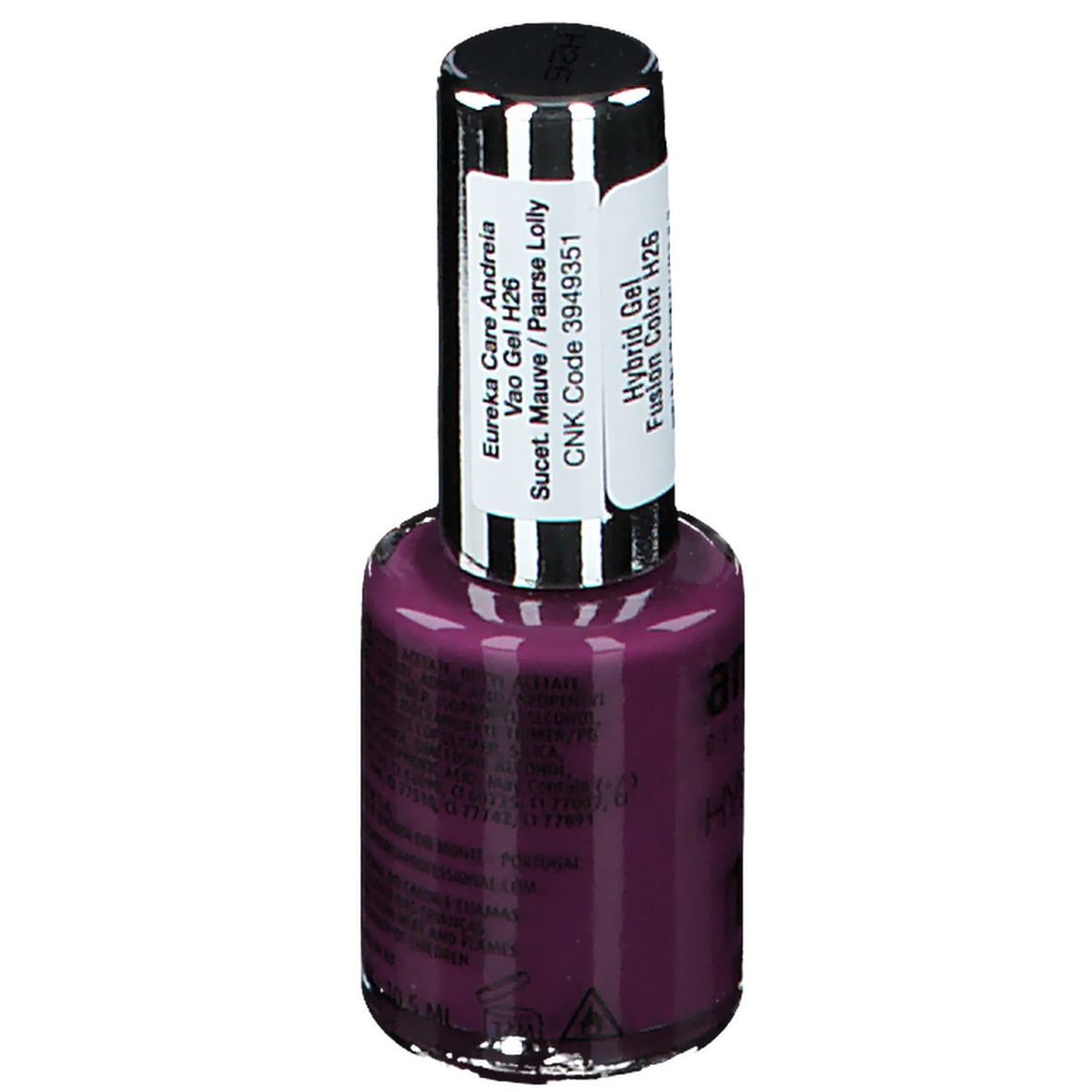 Vernis à ongles Andreia Hybrid Gel, Sucette Mauve, flacon. Couleur H26. Bouchon noir avec étiquette. Inscription: Hybrid Gel, Fusion Color H26.