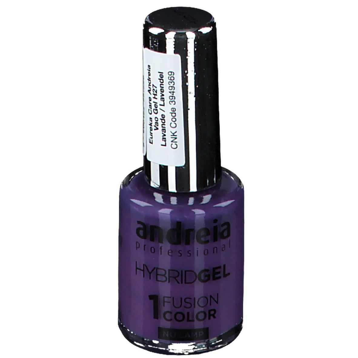 Flacon de vernis à ongles violet. Inscription : Andreia professional, Hybridgel, Fusion Color. Étiquette avec informations.