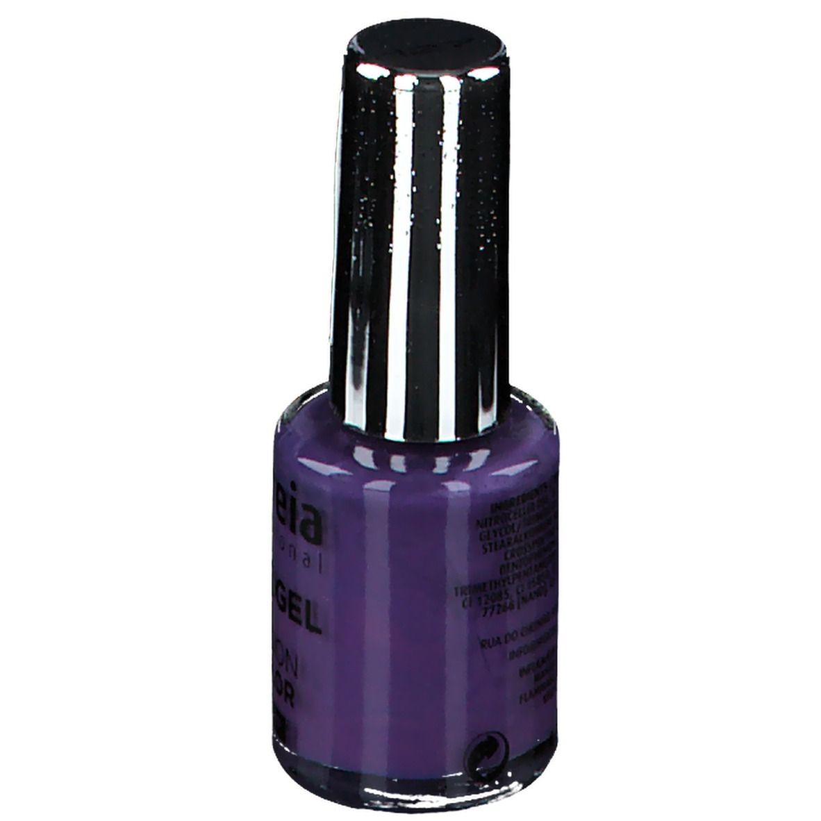 Flacon de vernis à ongles violet. Dos avec informations produit et étiquette.