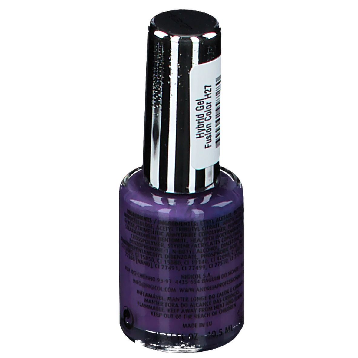 Flacon de vernis à ongles violet. Dos avec informations produit et étiquette.