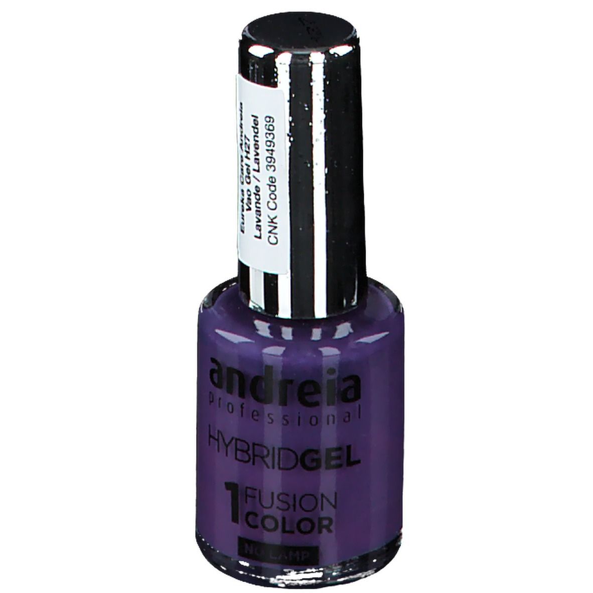Flacon de vernis à ongles violet. Inscription : Andreia professional, Hybridgel, Fusion Color. Étiquette avec informations.