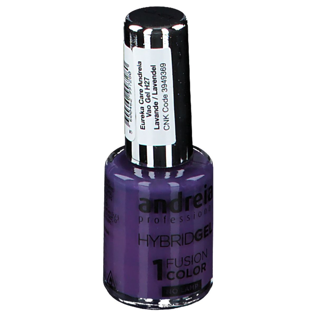 Flacon de vernis à ongles violet. Inscription : Andreia professional, Hybridgel, Fusion Color. Étiquette avec informations.